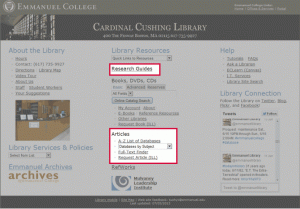 Screenshot of the Library Web Site highlighting the Articles section and the Research Guides