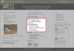 Screenshot of the Library Home Page hightlighting the Online Catalog