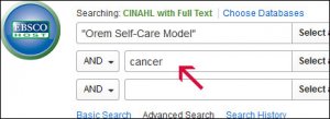 Screenshot of CINAHL with "Orem Self-Care Model" in the first text box and cancer in the second text box.