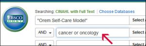 Screenshot of CINAHL with "Orem Self-Care Model" in the first text box and cancer or oncology in the second text box.
