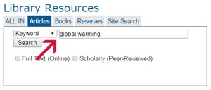 Screenshot of article search for global warming