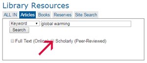 Screenshot of article search for global warming pointing to peer reviewed