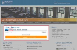 Screenshot of the Library home page pointing out the Articles tab